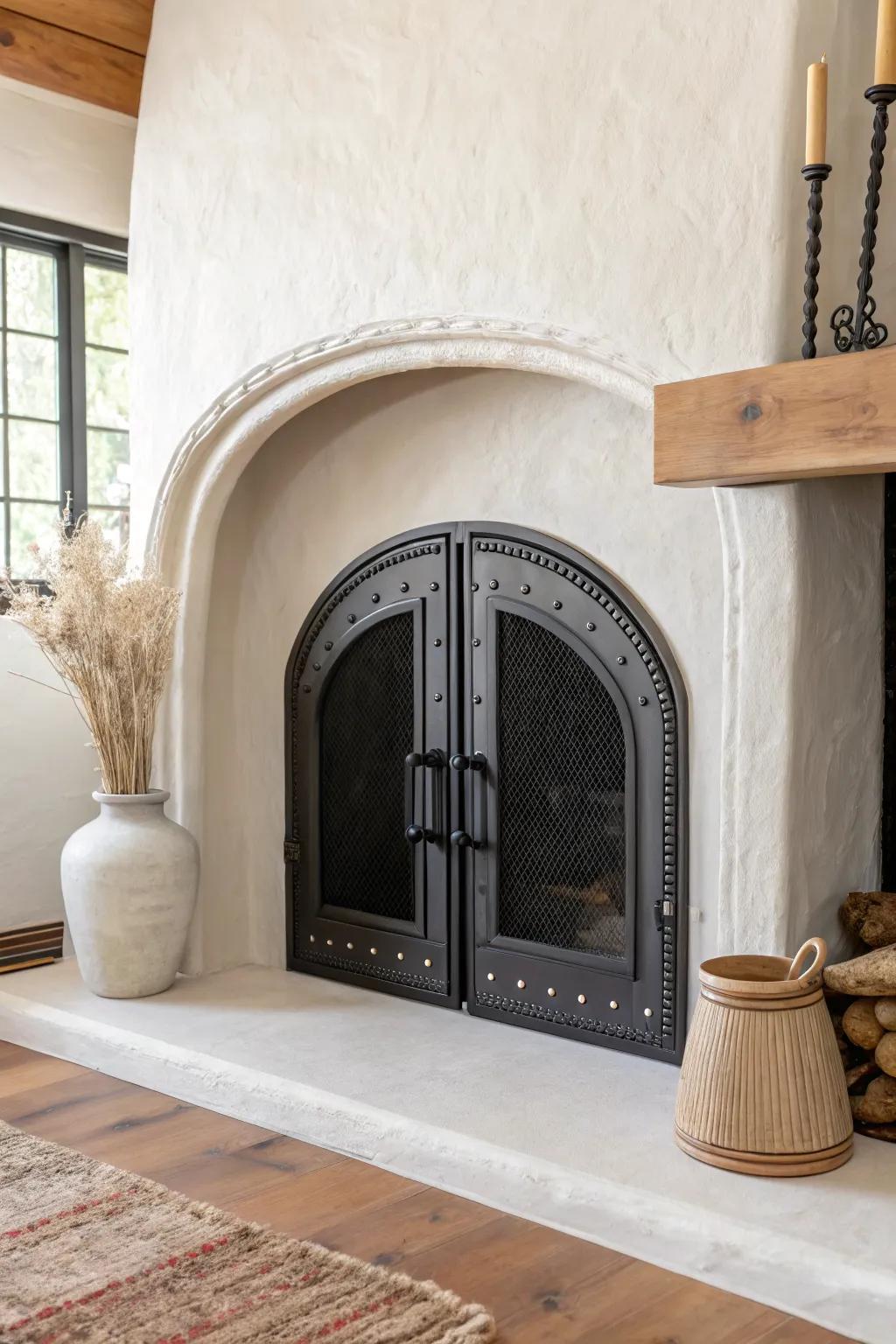 Creamy plaster + matte black arched doors for a crisp, custom look with bold contrast.