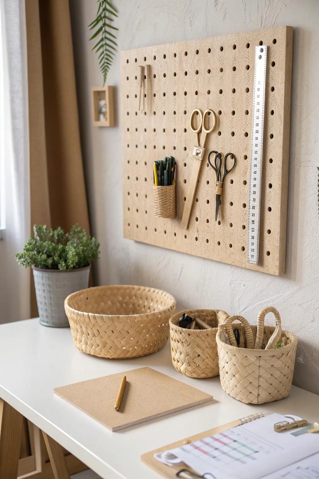 Mount a wooden pegboard to keep rulers, snips, and baskets within easy reach—clutter free.