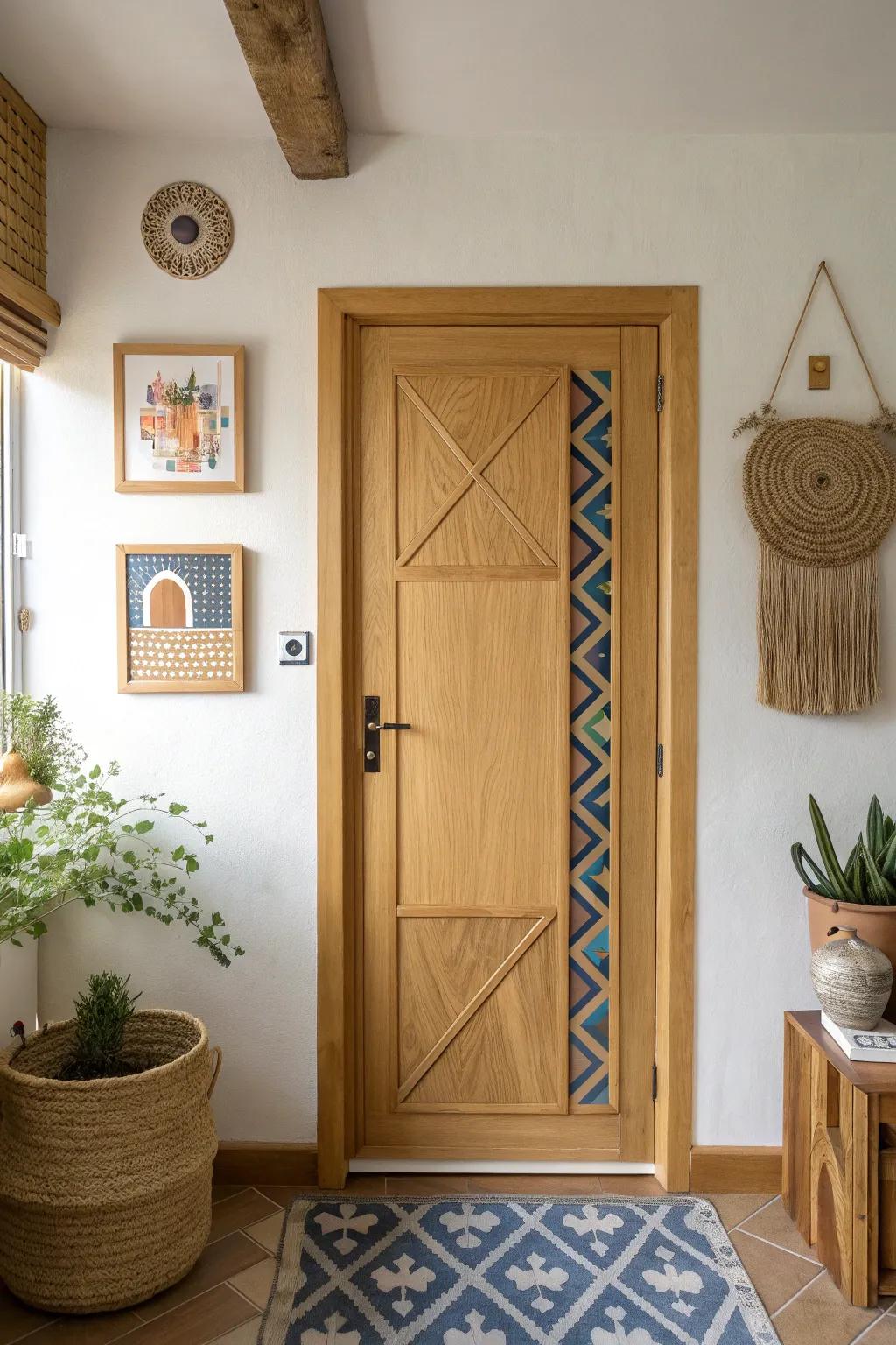 Oversized 3D plywood brush + palette accents make an art room door bold and handmade.