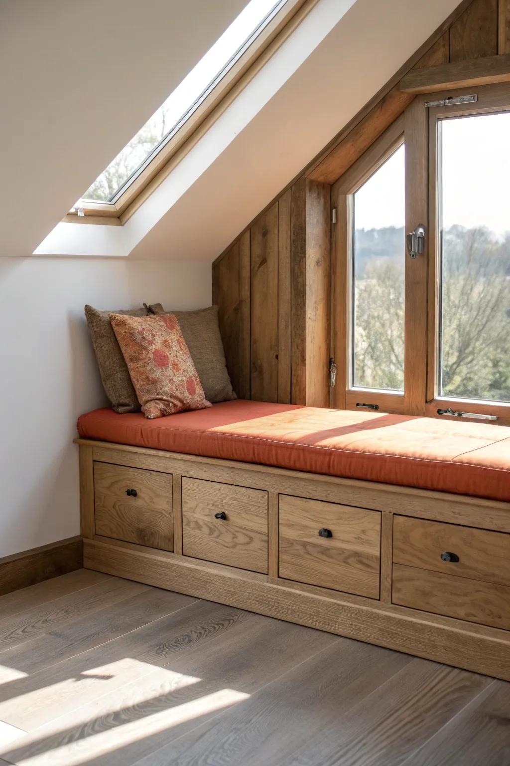 Reclaimed-wood window seat with hidden drawers—your attic’s coziest reading nook.