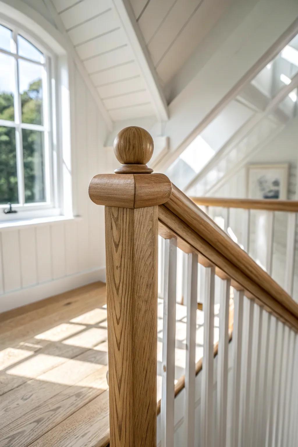A sleek knee wall topped with a smooth oak handrail—privacy without closing in the attic.