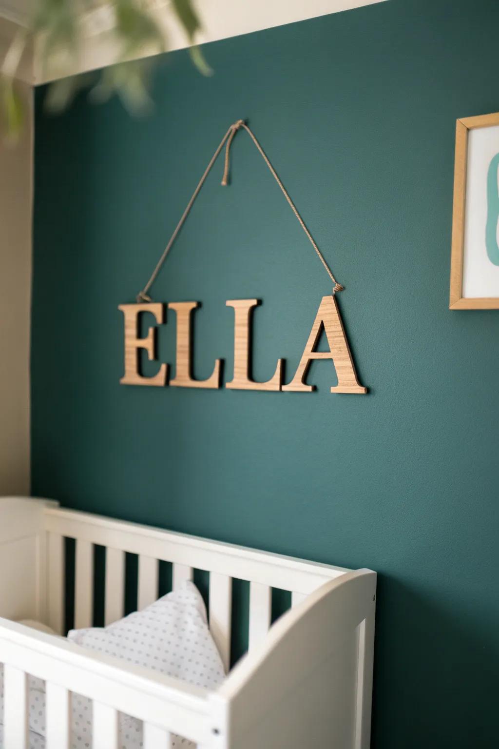 A buttery-smooth plywood name sign adds warmth and personality above a minimalist crib.