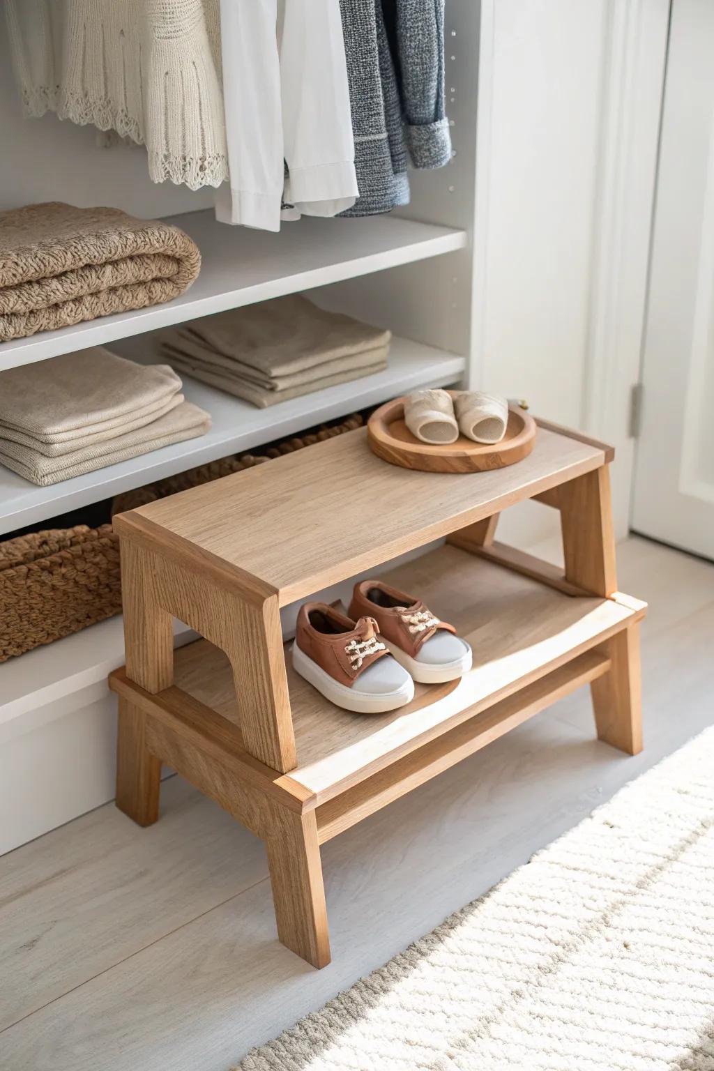 A simple wood shelf riser doubles closet space for two neat rows of baby shoes.