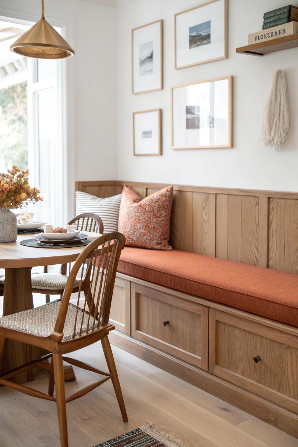 Long wall banquette + opposite chairs: a space-saving built-in that makes narrow dining feel calm.