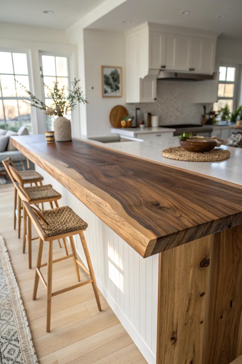Waterfall-edge walnut bar top—seamless grain wrap for a clean, custom, high-end look.