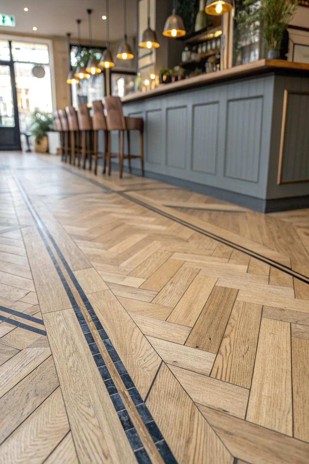 Herringbone oak flooring with a bold navy inlay—small bar, big designer impact.