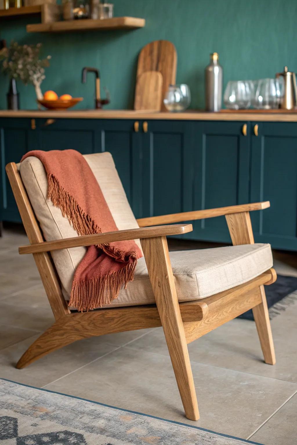 Handcrafted oak lounge chair by the bar—minimal, boho, and made for a sip-and-chat moment.