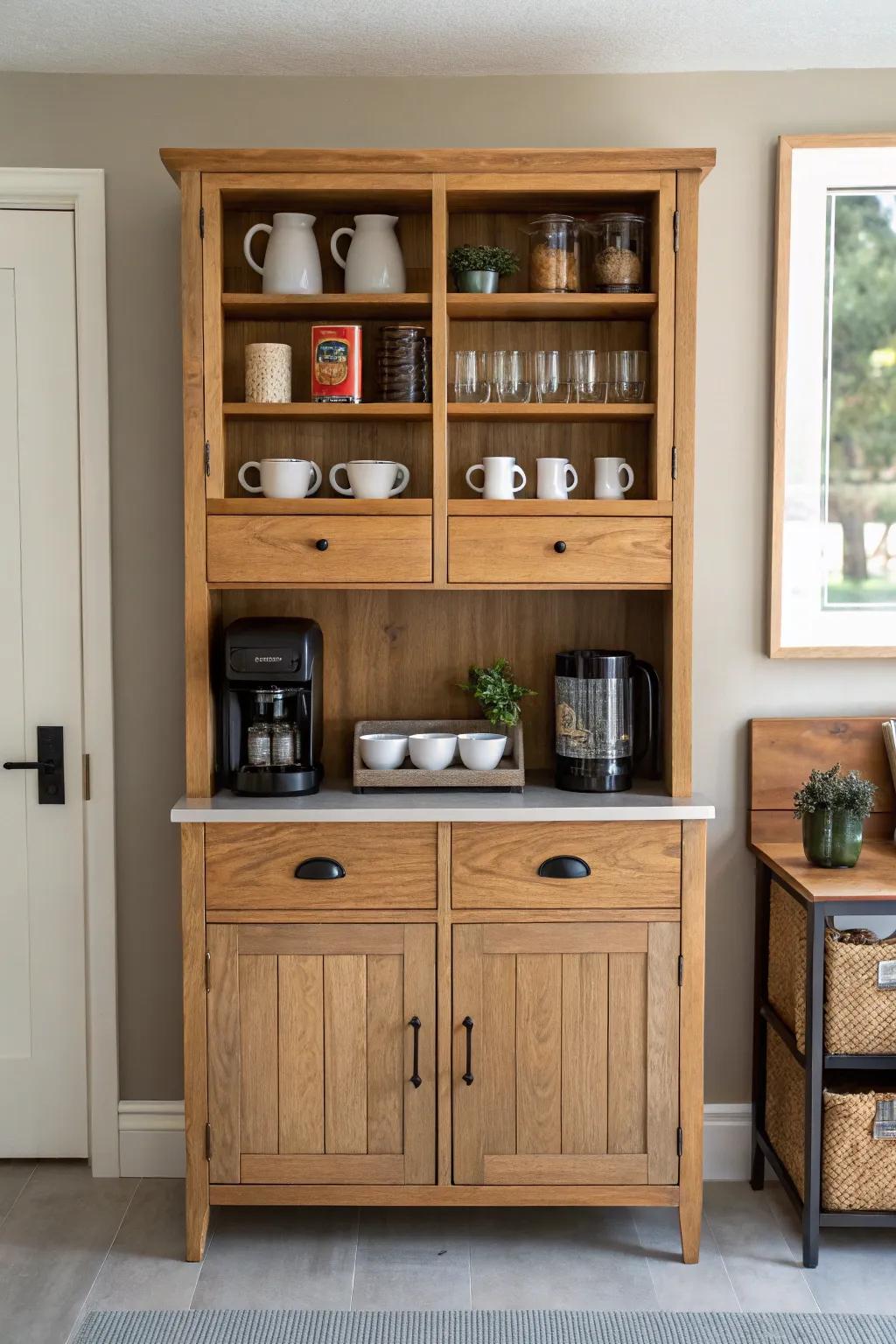 Thrifted hutch turned coffee + cocktail station—plywood panels make it look custom built-in.