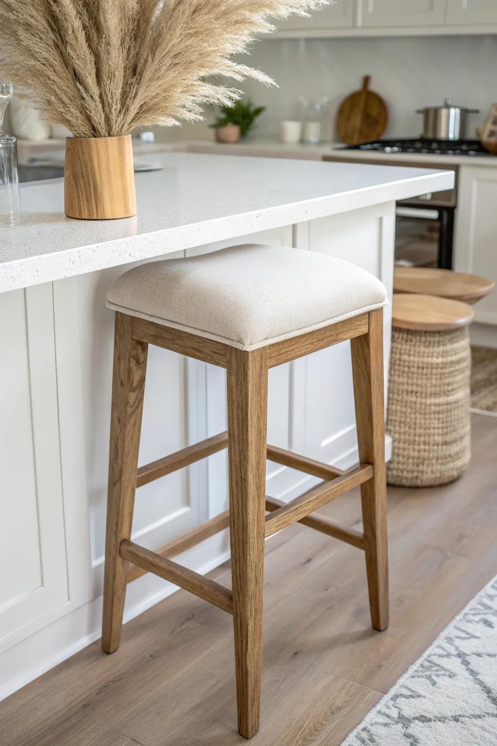 Oatmeal linen-look upholstery + warm oak legs: the cozy neutral bar stool for a crisp white kitchen.