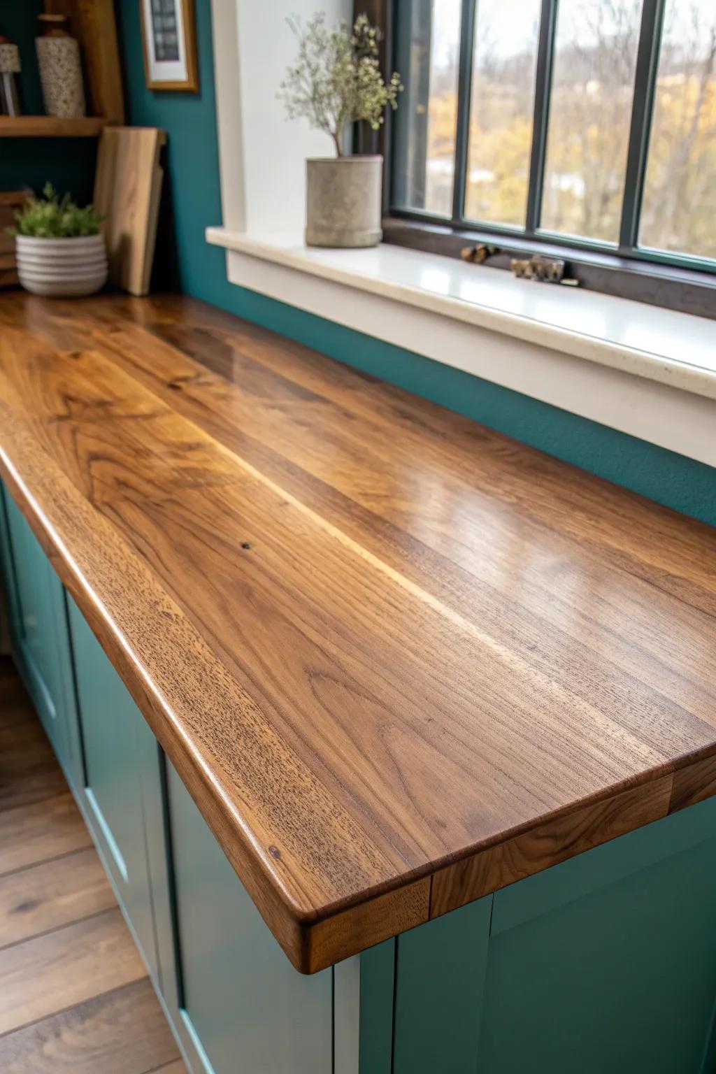 Classic clear poly topcoat: cozy warm wood glow with durable protection—no thick epoxy look.