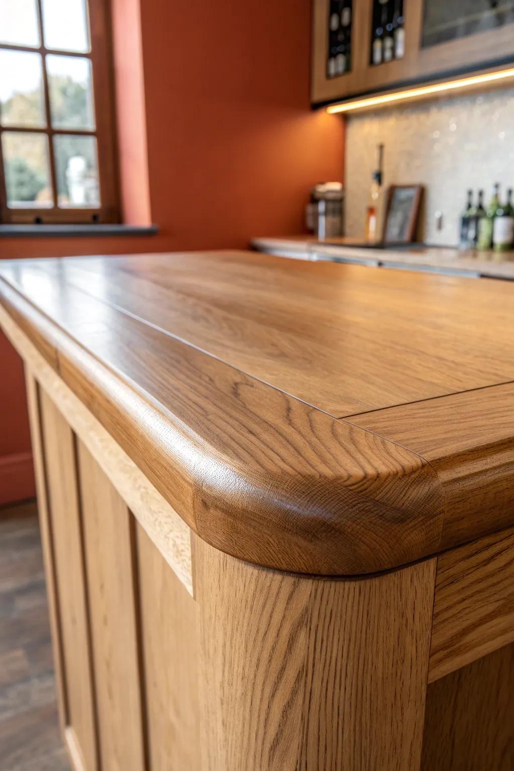 Full bullnose bar edge in warm oak—smooth, classic curves that handle everyday bumps beautifully.