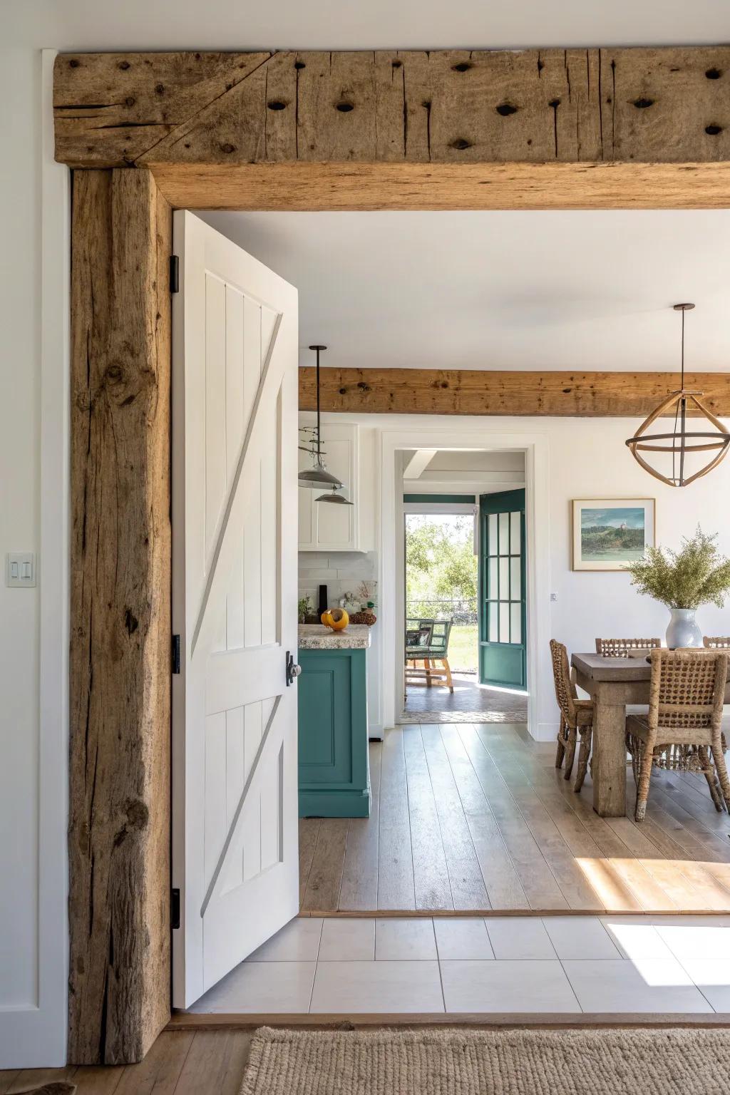 A rustic barn beam header that frames kitchen and dining with warmth—without closing it in.