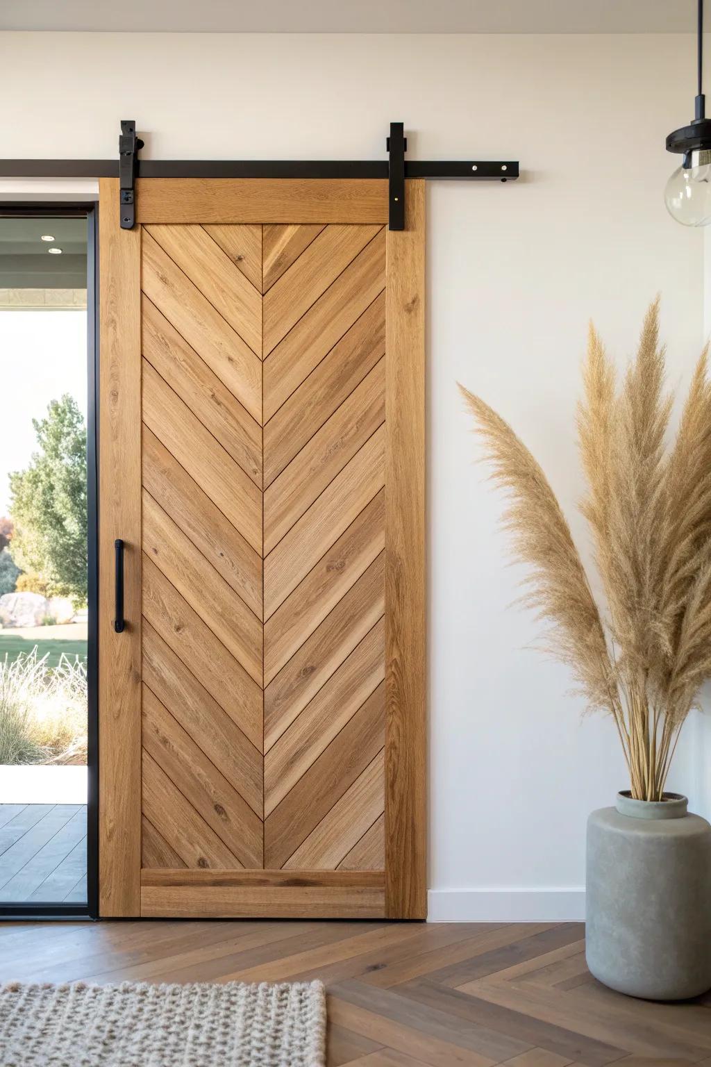 Modern chevron barn door: warm oak texture, bold black hardware, and sculptural depth.