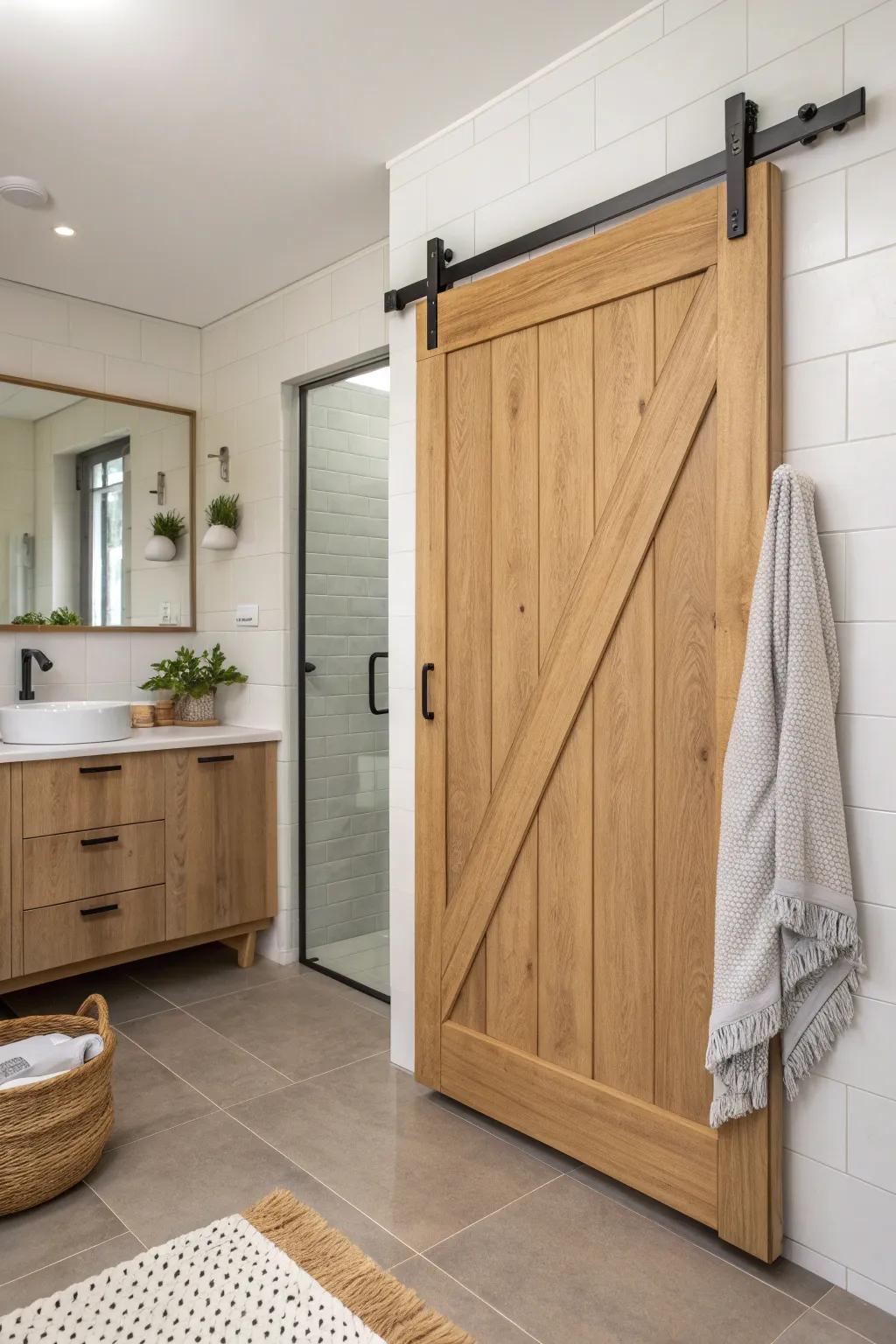 Light oak barn slider + fixed glass panel—clean lines, perfect grout alignment, high-end feel.