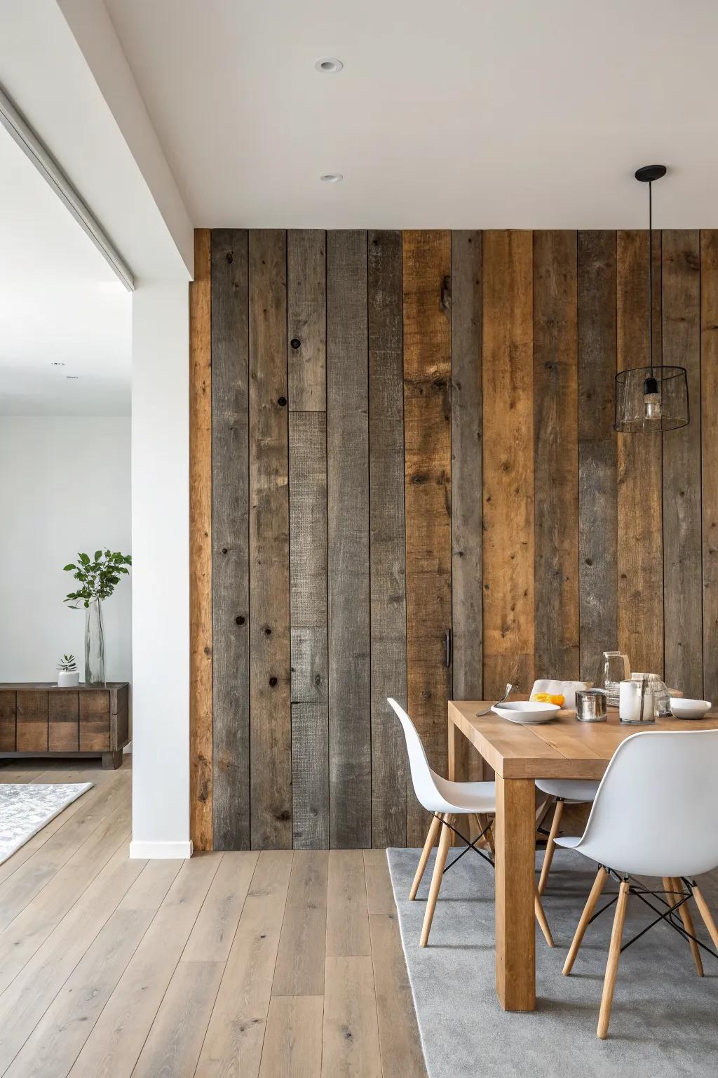Reclaimed barn wood statement wall makes your dining room feel warm, bold, and artful.