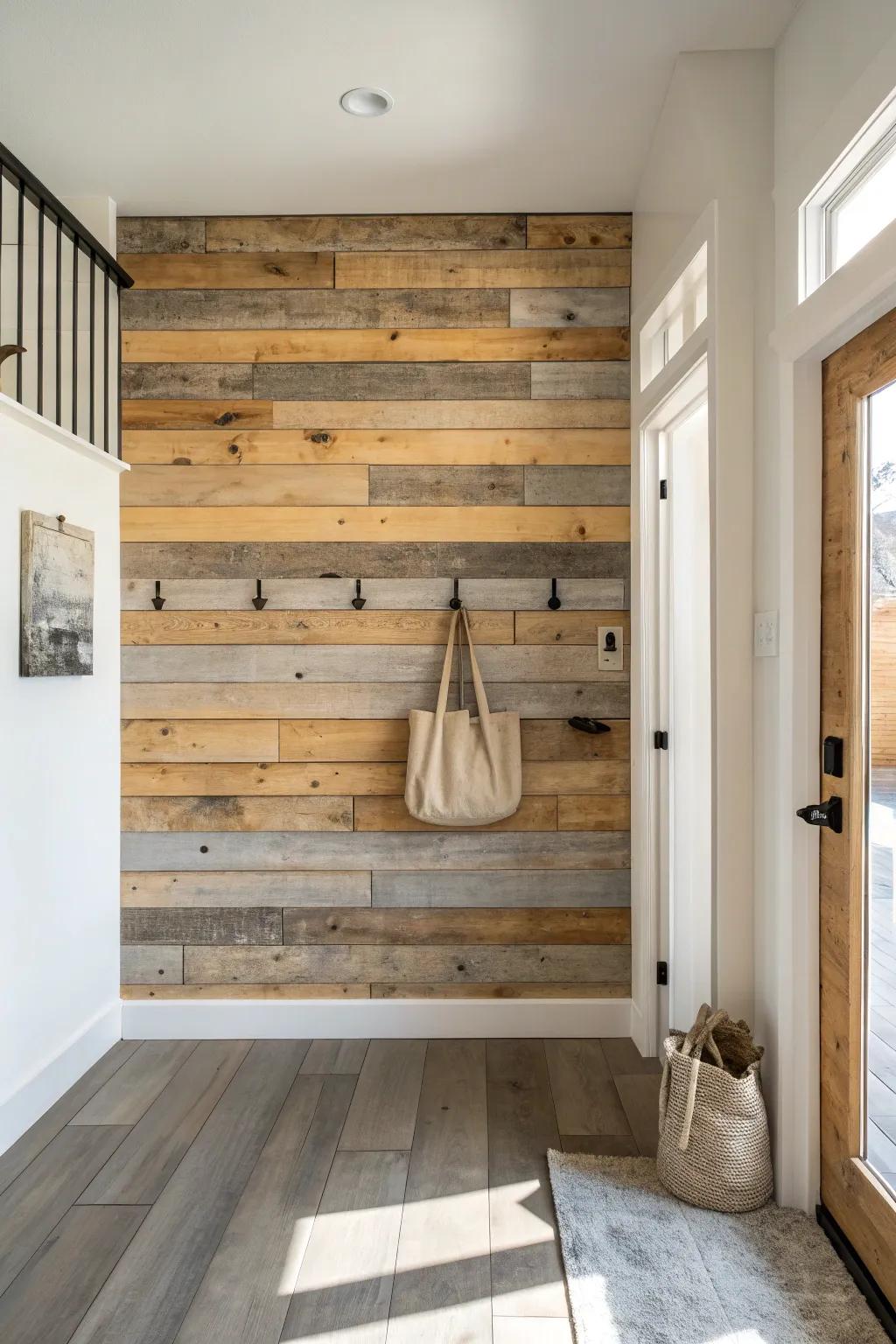 A reclaimed barn wood statement wall turns a tiny entryway into a warm, unforgettable moment.