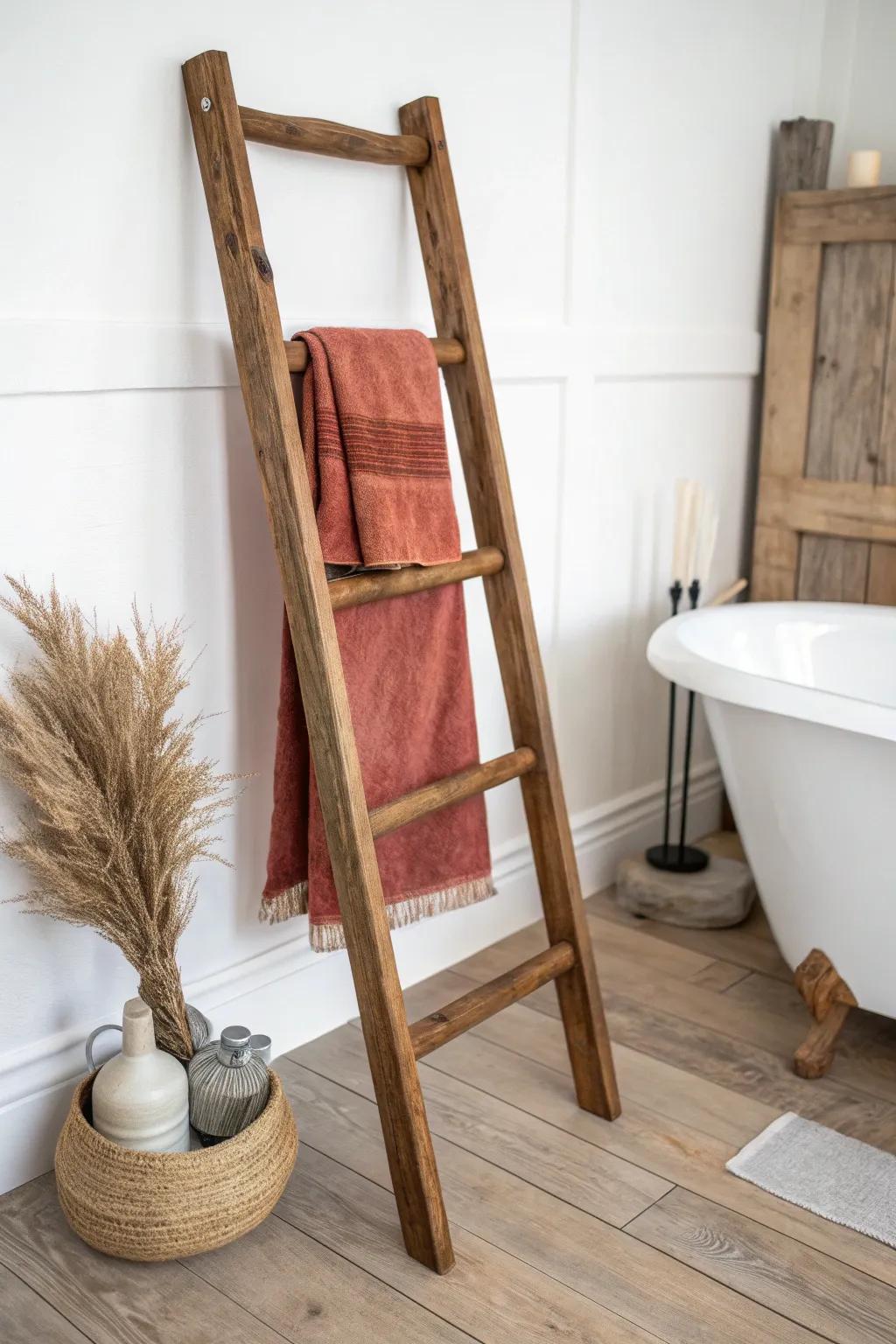 Slim barrel-stave towel ladder—curved, handcrafted, and a bold terracotta pop for calm baths.