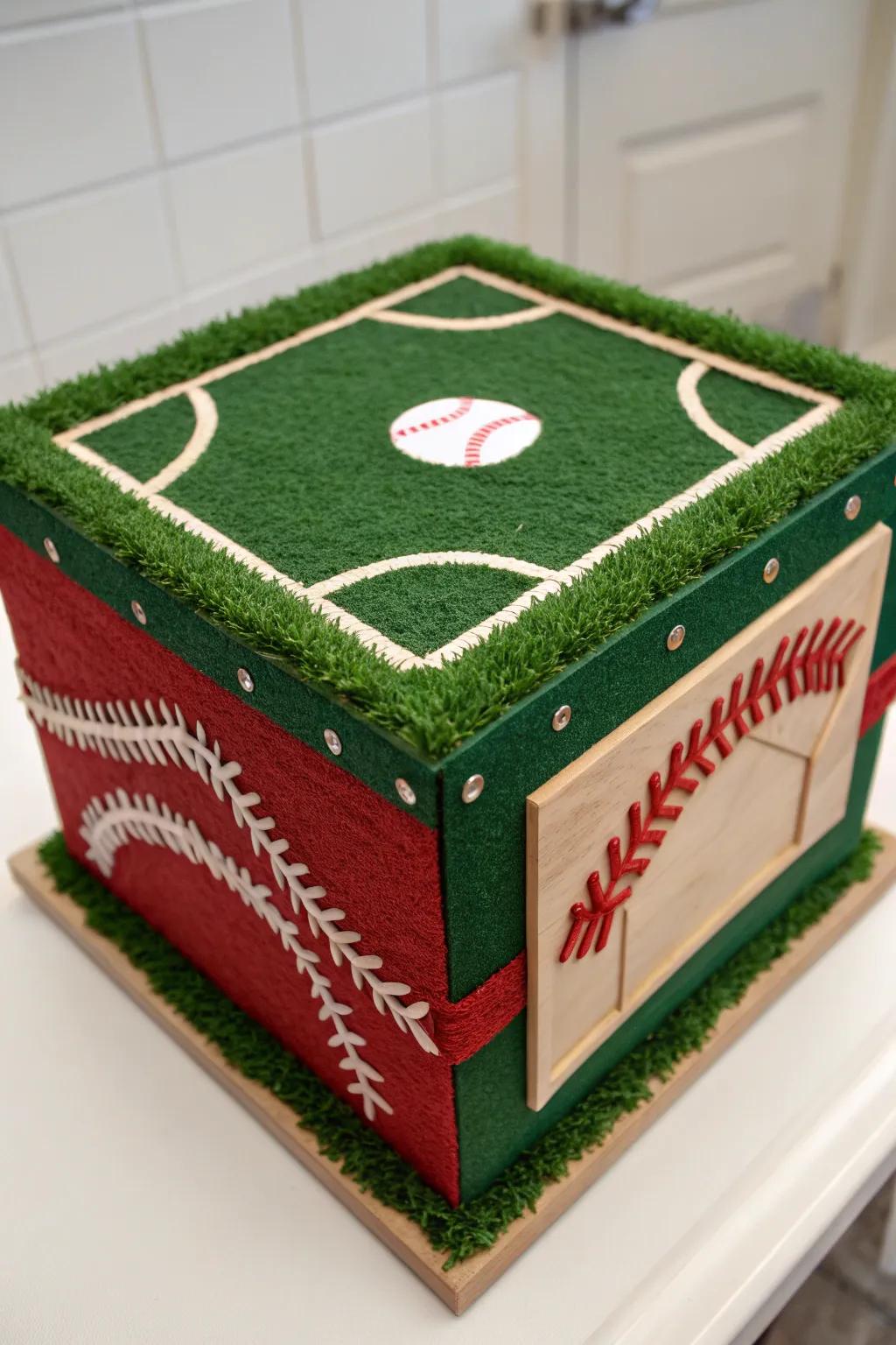 Craftsmanship meets creativity: A striking baseball field Valentine box with lush textures.