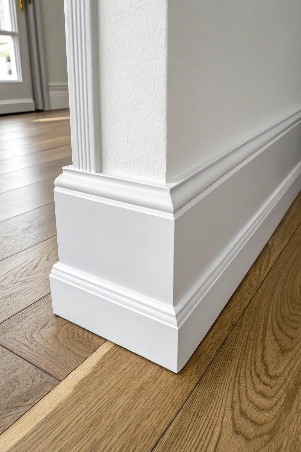 Light gray baseboards on white walls add gentle depth—perfect with medium wood floors.