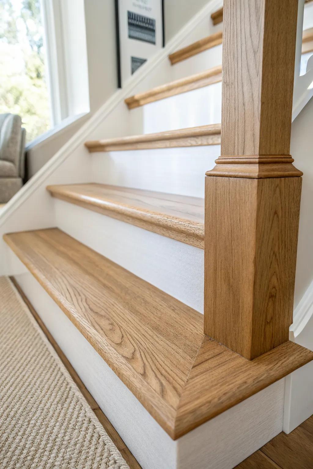 Seamless stair landing blend piece—where baseboard meets skirt board with custom-crafted flow.