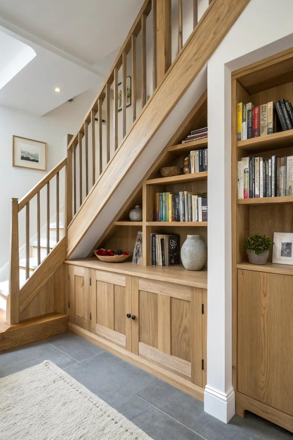 Stepped under-stair shelves in light oak—clean lines, hidden doors, and warm minimalist charm.
