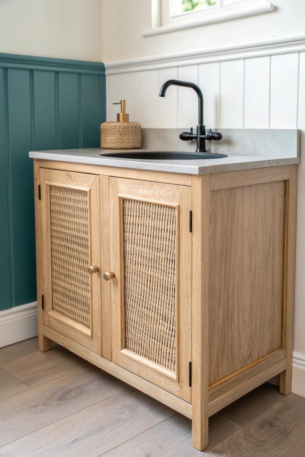 A compact sink base cabinet turns a basement bar into a chic, practical wet bar.