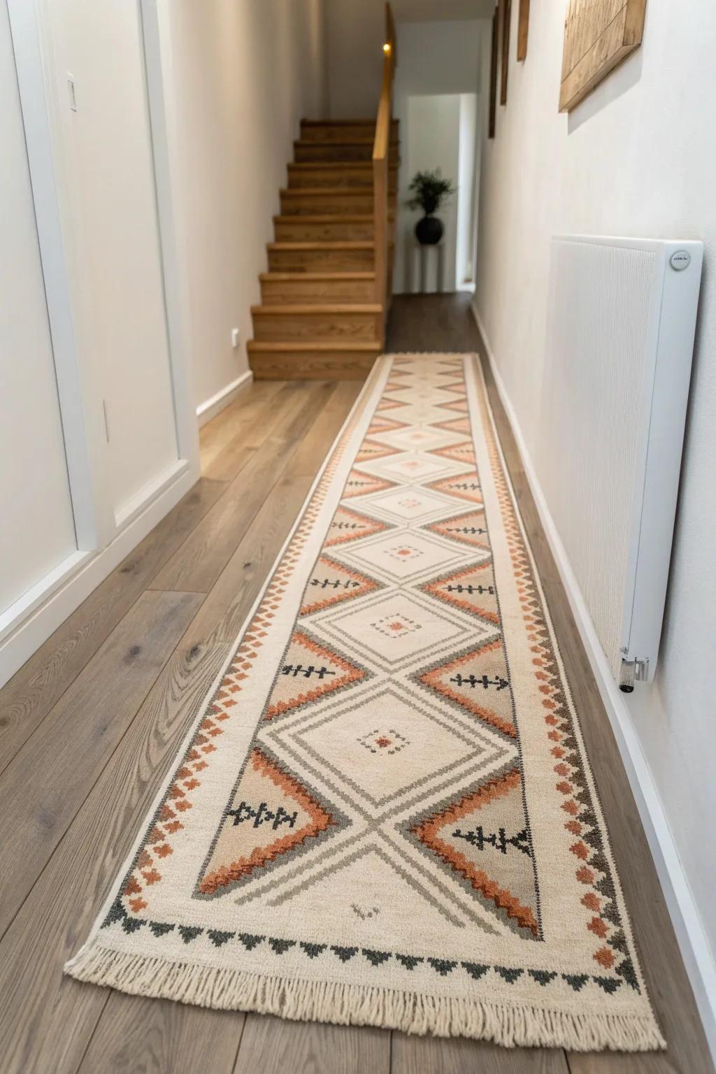 A long patterned runner adds warmth, hides dust, and beautifully guides the basement hallway.