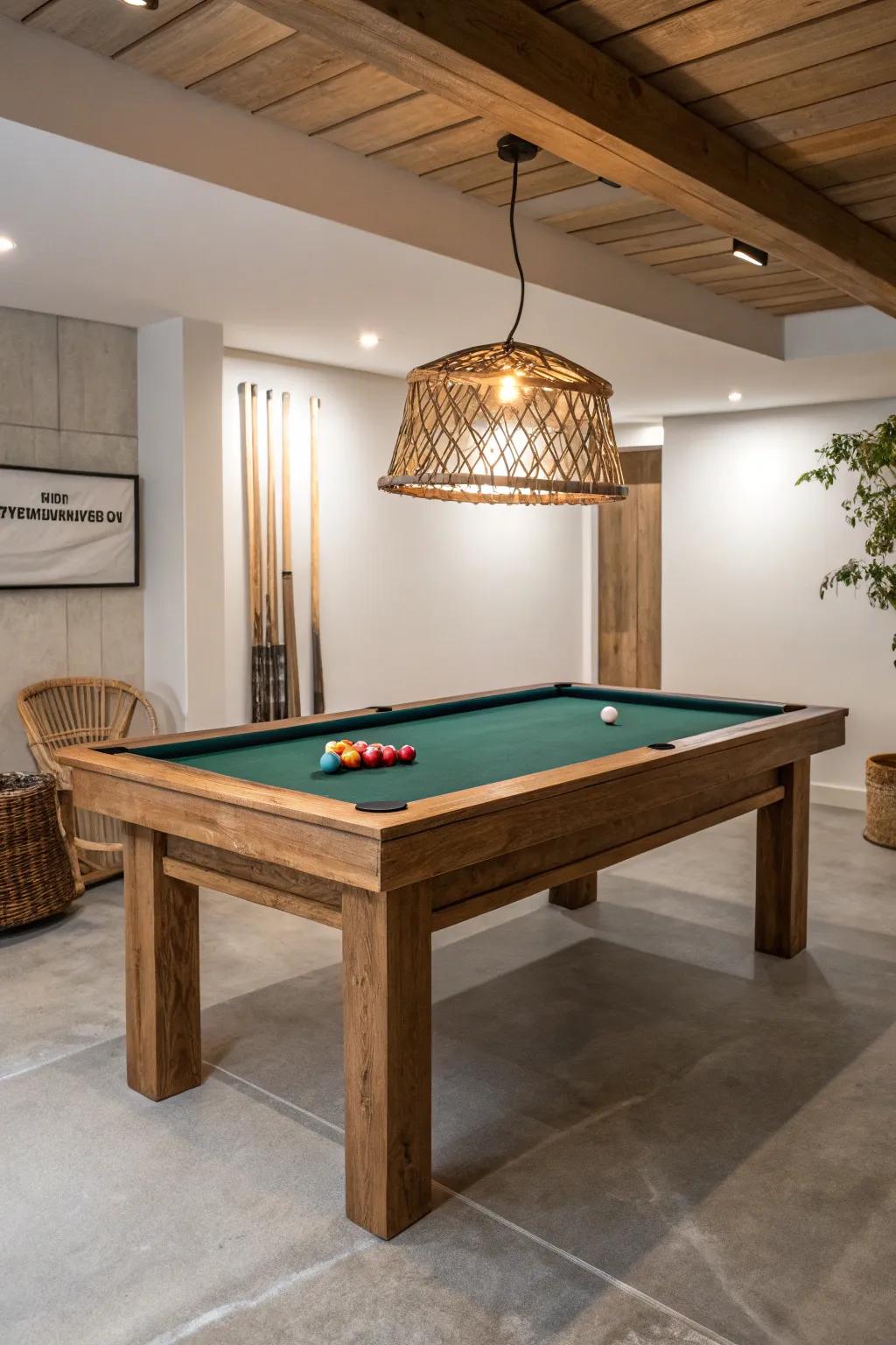A bold emerald-felt pool table in oak—clean lines, warm wood, and crafted calm.