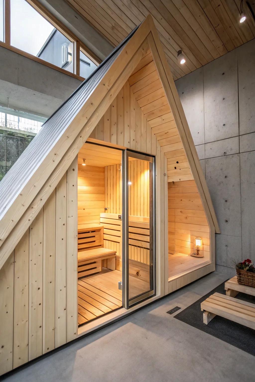 Under-stairs micro sauna: a custom cedar wedge that turns dead space into a warm, glowing retreat.