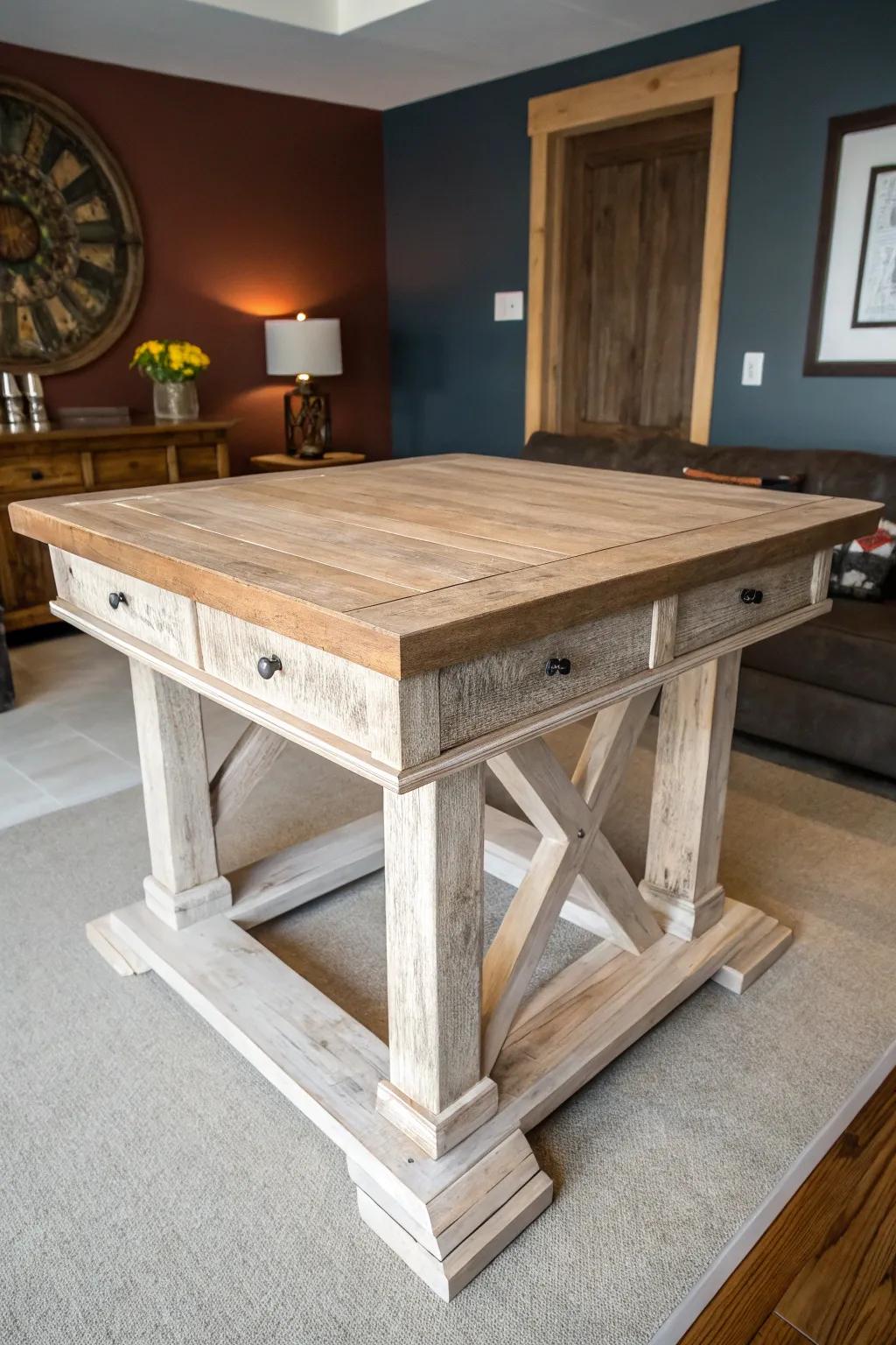 Chunky farmhouse game-night table—distressed wood that hides scuffs and invites snacks.