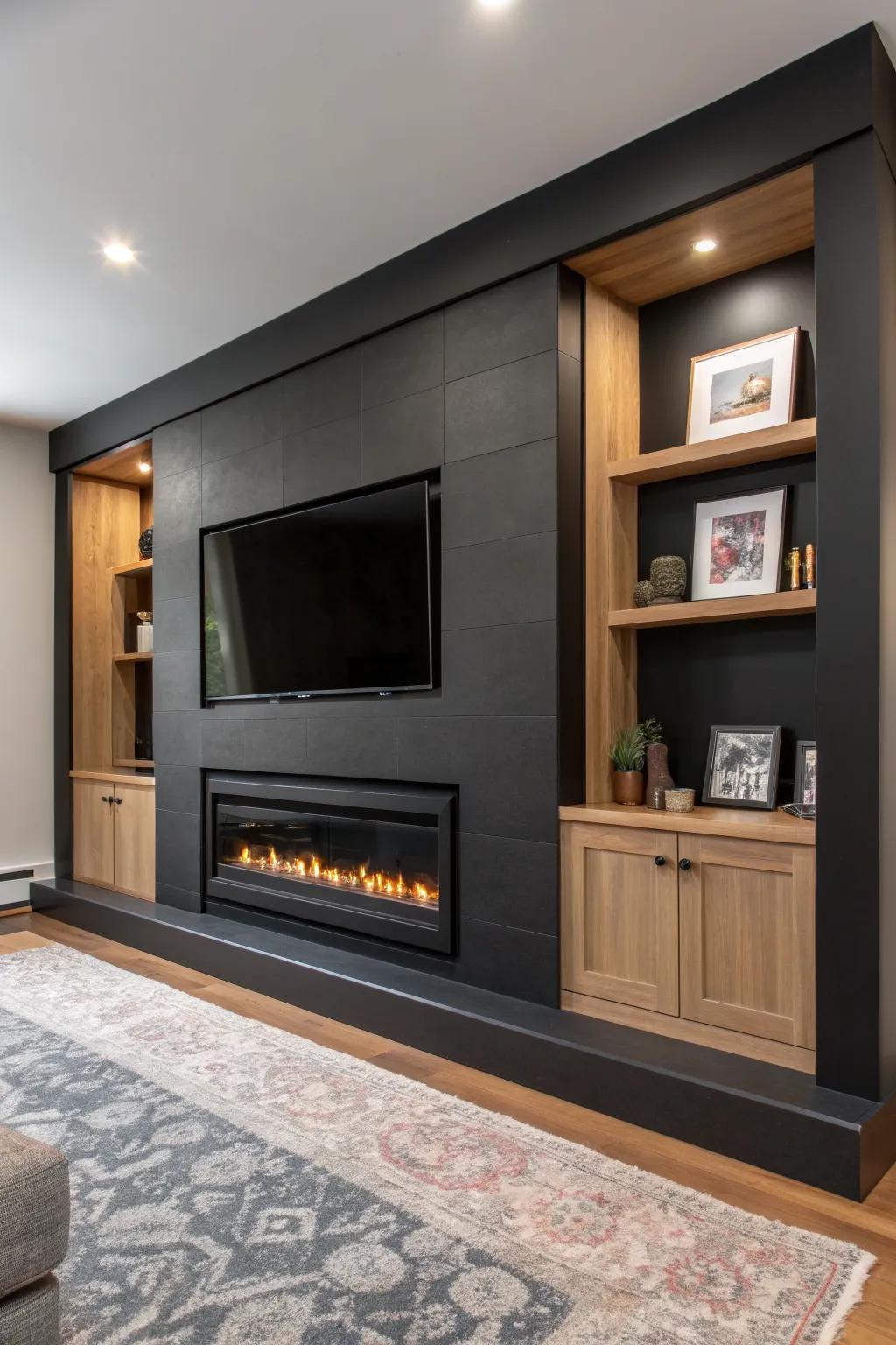 Charcoal fireplace wall that swallows the TV—warm glow, light oak, cozy basement vibes.