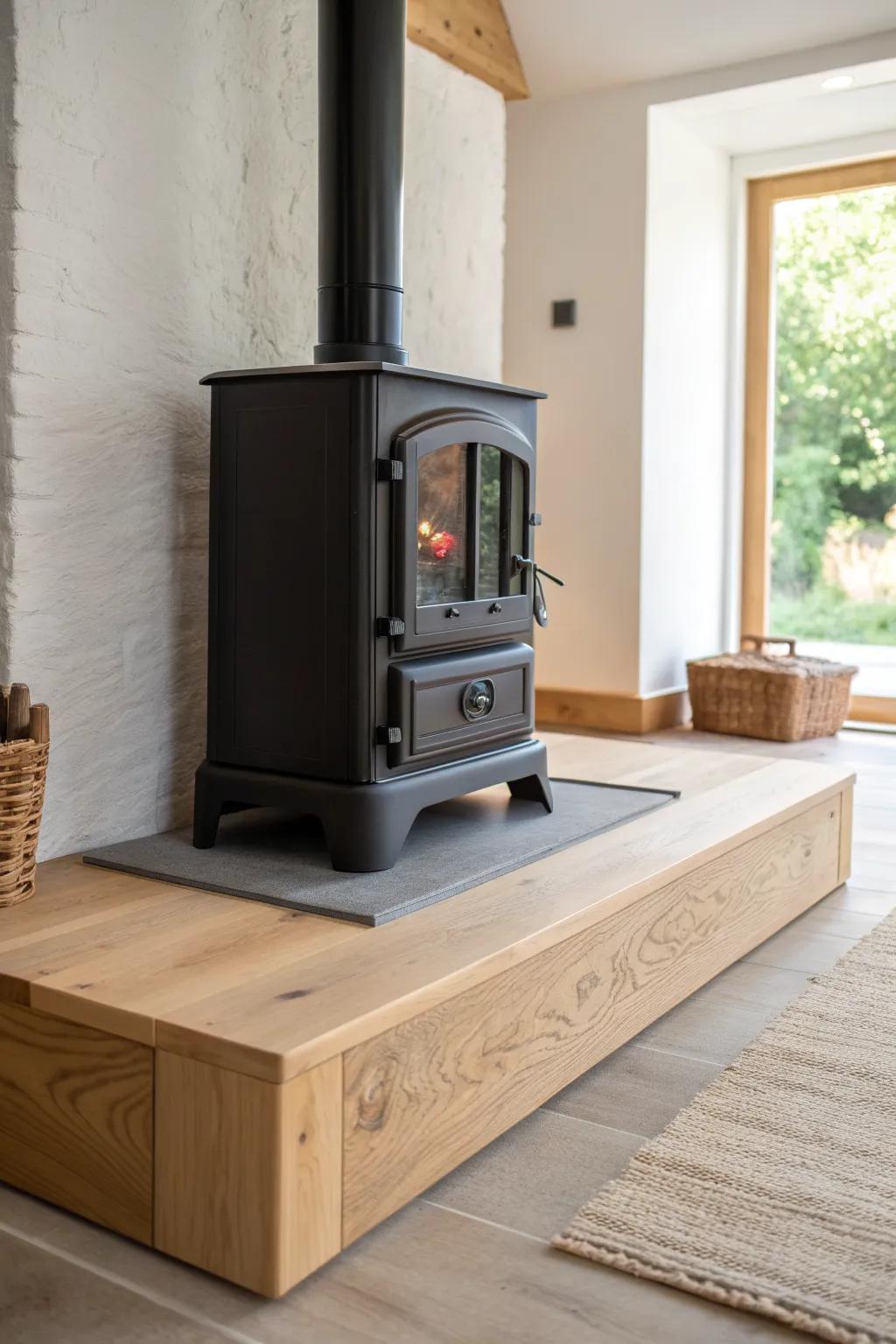 A low raised hearth turns a basement wood stove into a sculptural, furniture-like focal point.