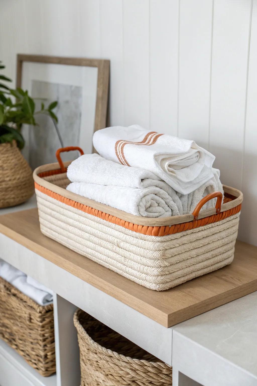 Low, wide woven basket keeps folded linens tidy—texture that elevates simple white towels.