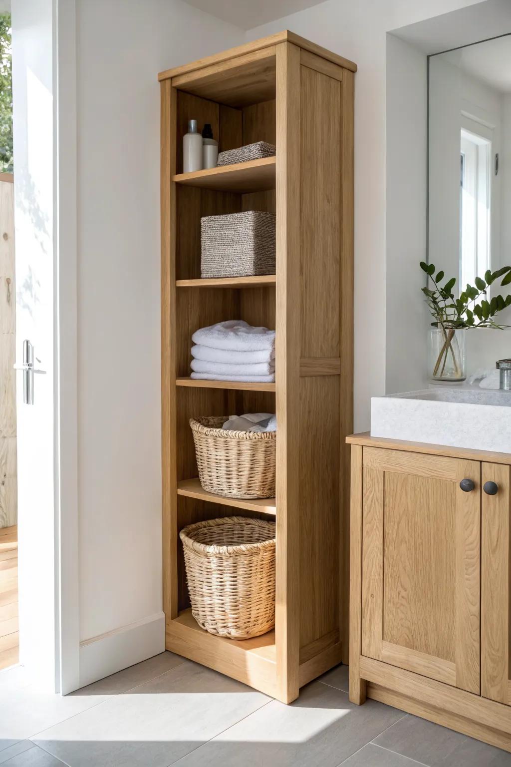Deep bottom shelf = snag-free slide-in hamper for a calmer, clutter-free bathroom closet.
