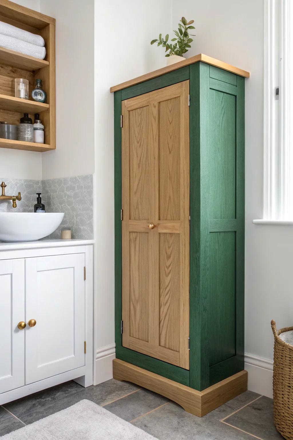 Shaker-style corner door fronts turn a basic bathroom cabinet into a clean, custom-looking upgrade.
