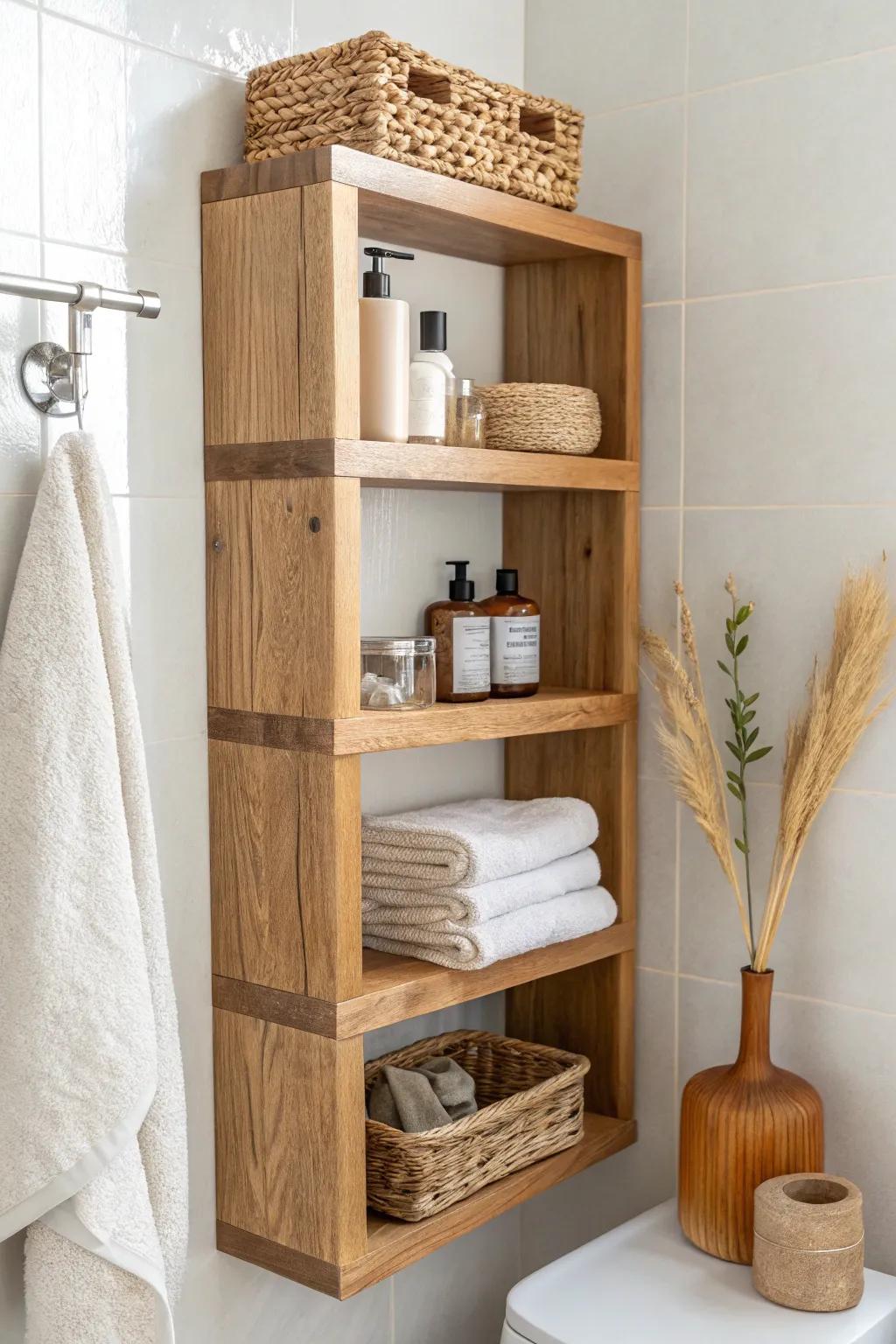 Staggered oak floating shelves that lift a small bathroom wall with calm, crafted style.