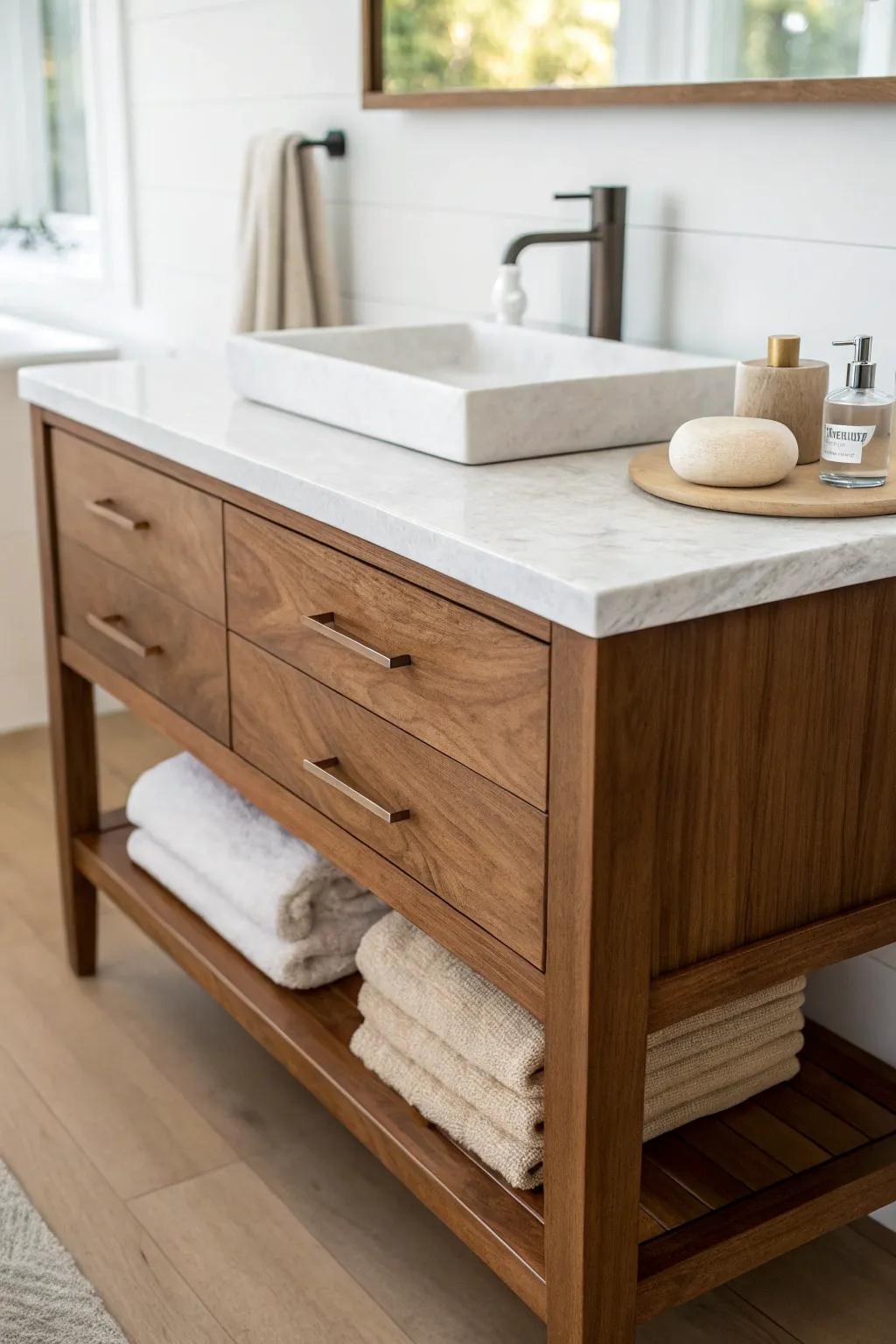 Walnut bathroom island + thick pale stone top for an instant calm, spa-level contrast.