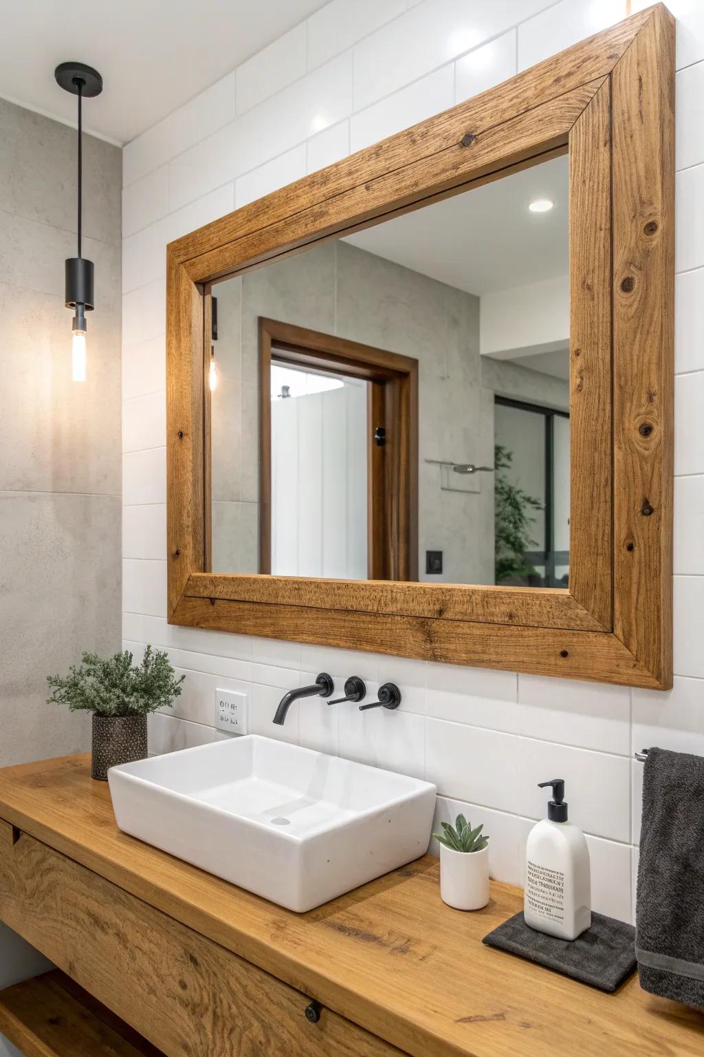 Chunky wide-plank farmhouse frame—warm stain, bold grain, and cozy contrast for any mirror.
