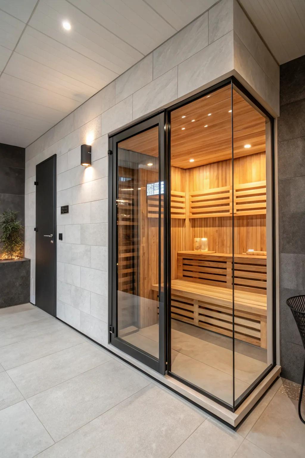 Glass sauna door + seamless wet-room tile: the spa-hotel sauna-and-shower vibe at home.