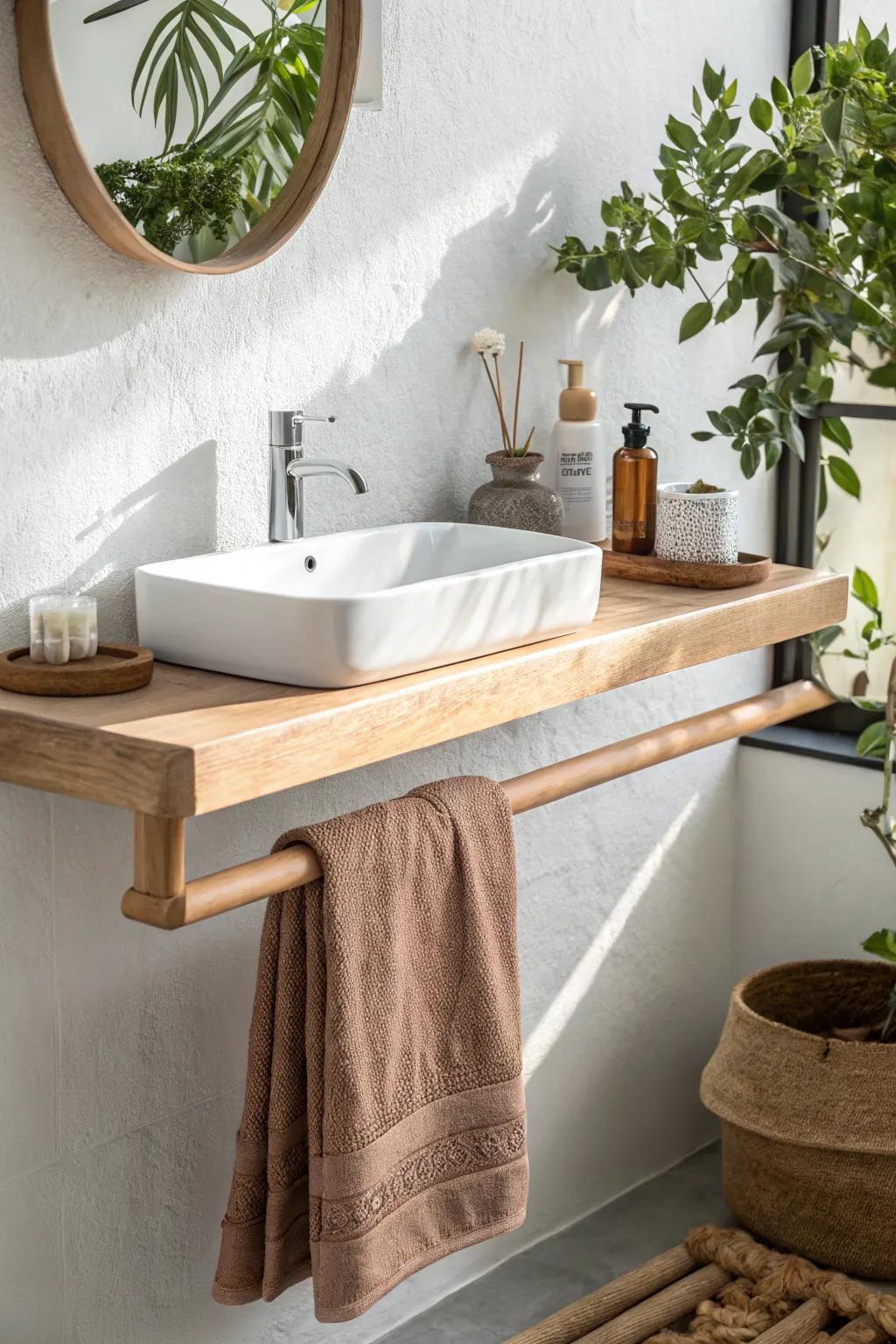 A sleek oak sink shelf with an integrated towel bar—minimal, warm, and beautifully practical.