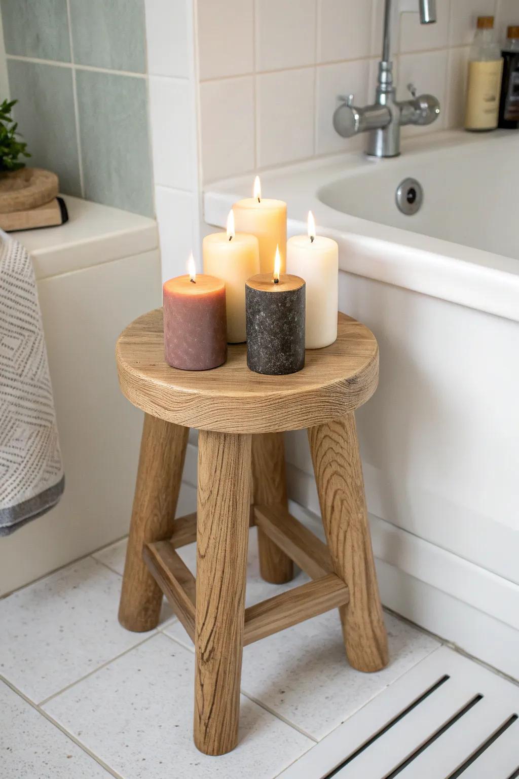 A tight cluster of candles on a wood stool adds a soft, spa-like glow to your bathroom.
