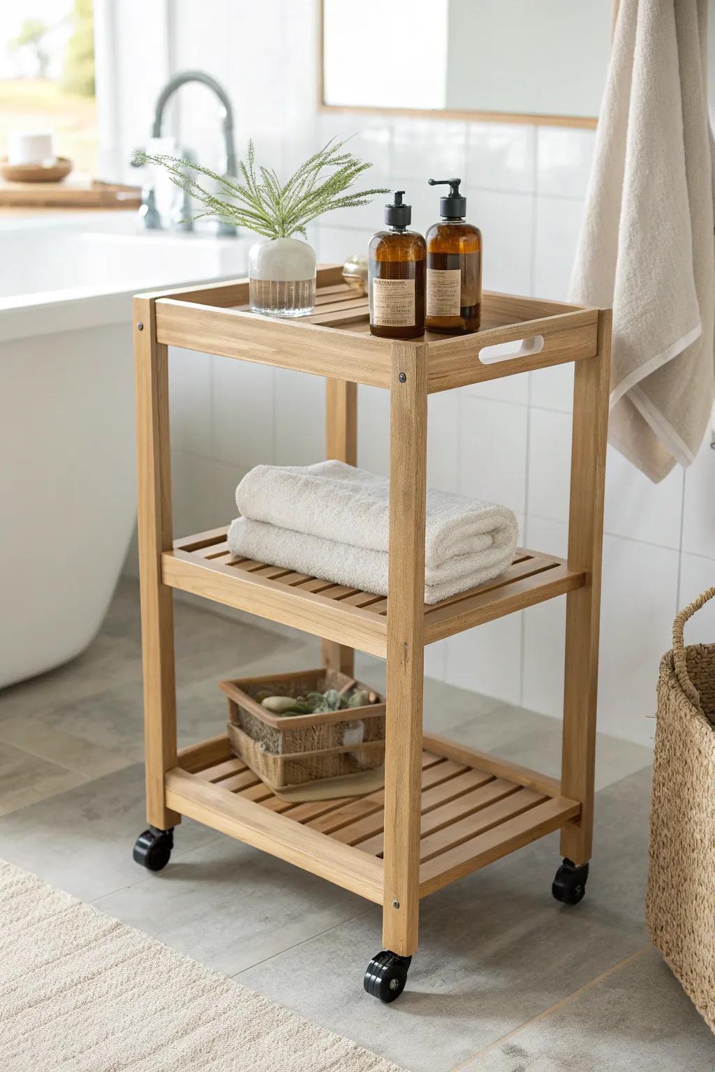 A slim oak rolling cart with locking casters—move it from tub to vanity in seconds.