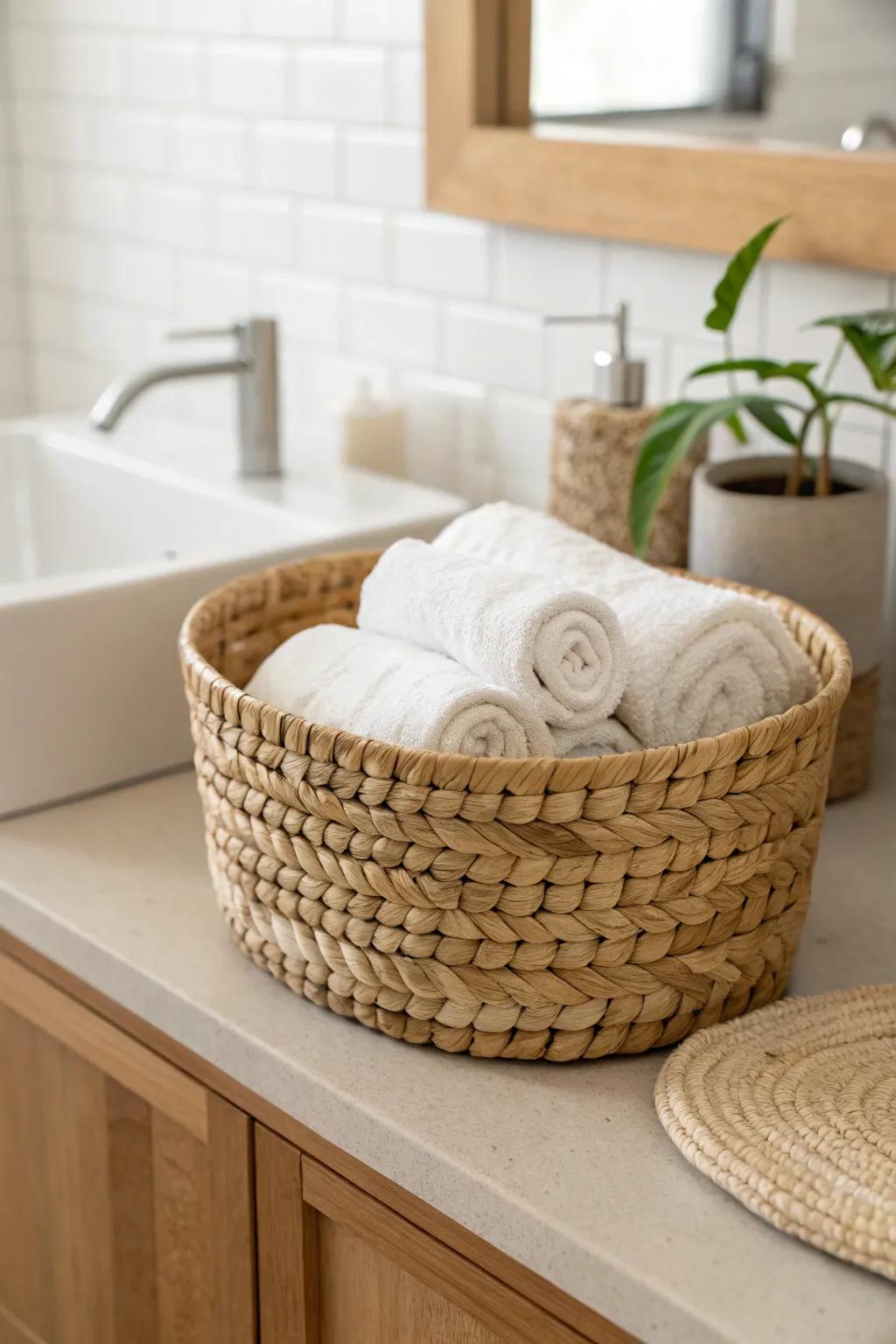 A low woven basket of rolled towels keeps the vanity cozy, tidy, and effortlessly chic.