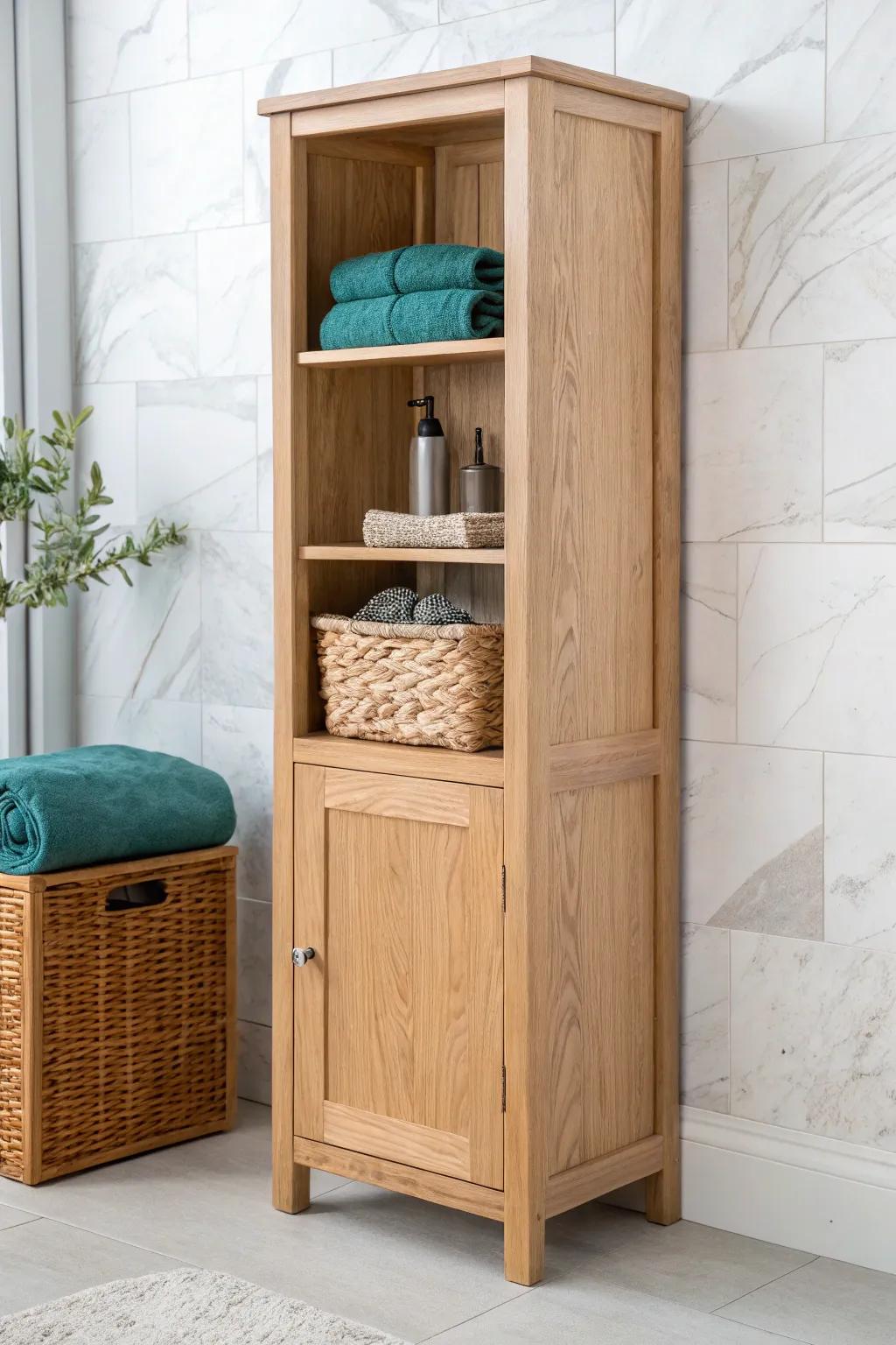 Light oak vanity tower: closed base + open shelves for baskets and towels—airy, chic storage.