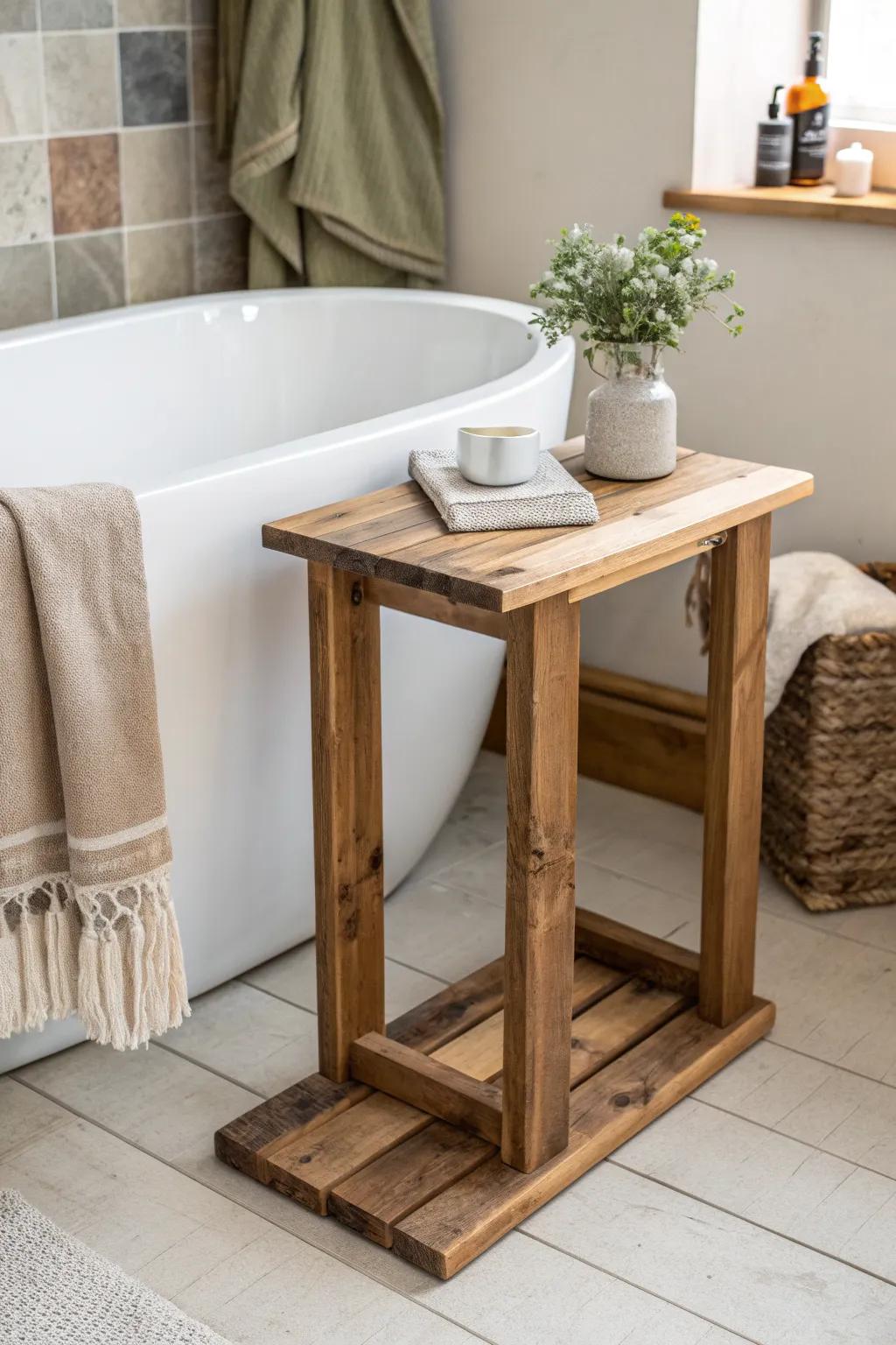 A reclaimed-wood C-table that slides under the tub—minimal, practical, and beautifully crafted.