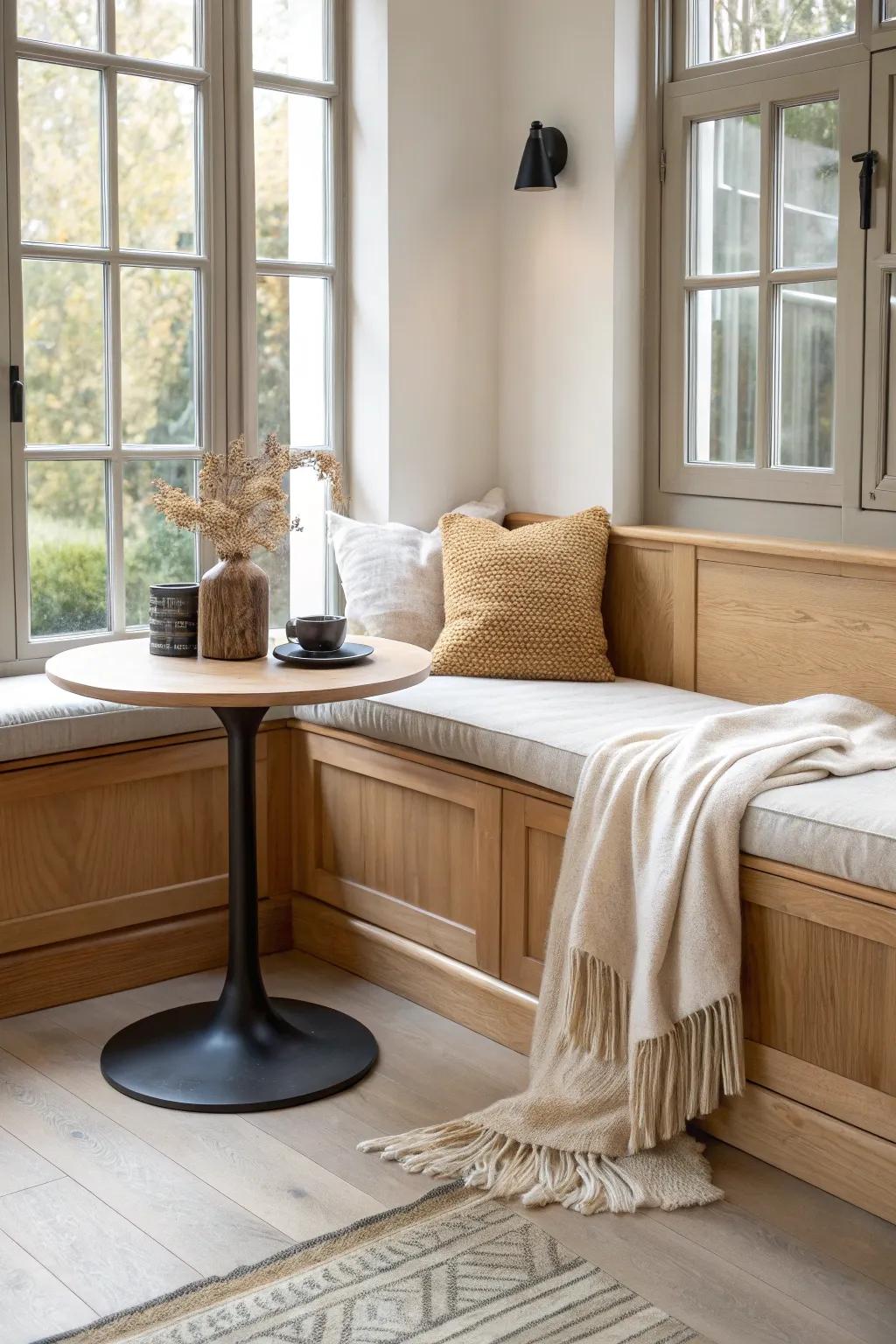 A custom bay-window bench with a snug little table—your café-style breakfast nook at home.