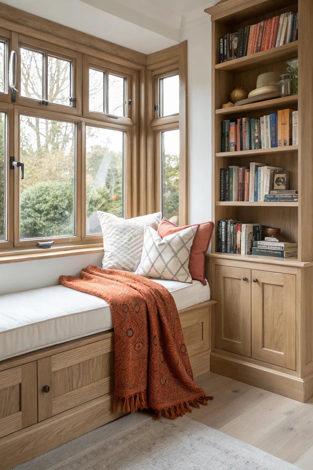 Built-in bookshelves frame the bay window—turning it into a seamless, cozy reading room.