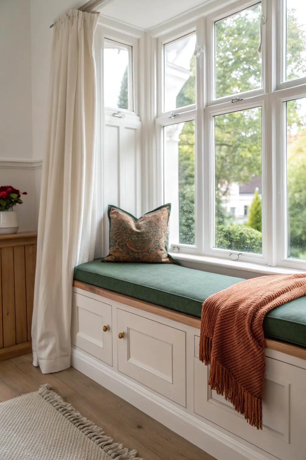 Shaker-style panel-front bay window seat—warm oak lines and a custom, high-end farmhouse feel.