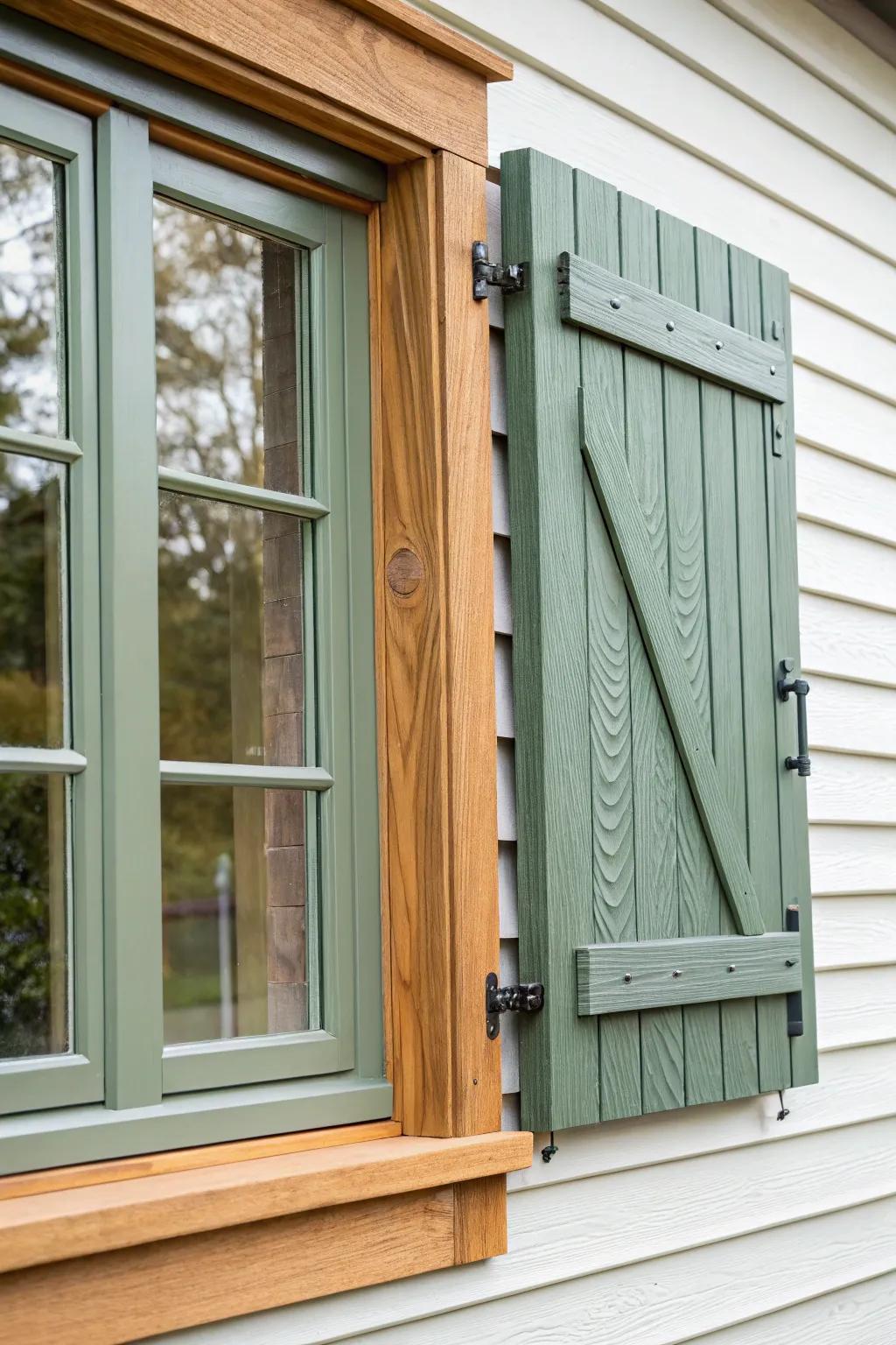 Tone-on-tone bay shutter in matte sage: calm depth, crafted oak grain, and subtle curb appeal.
