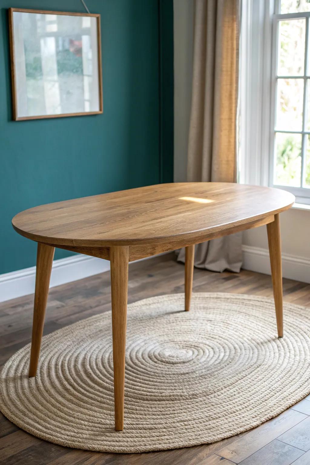 An oval oak bay-window table—soft edges, smart footprint, and room for extra guests.